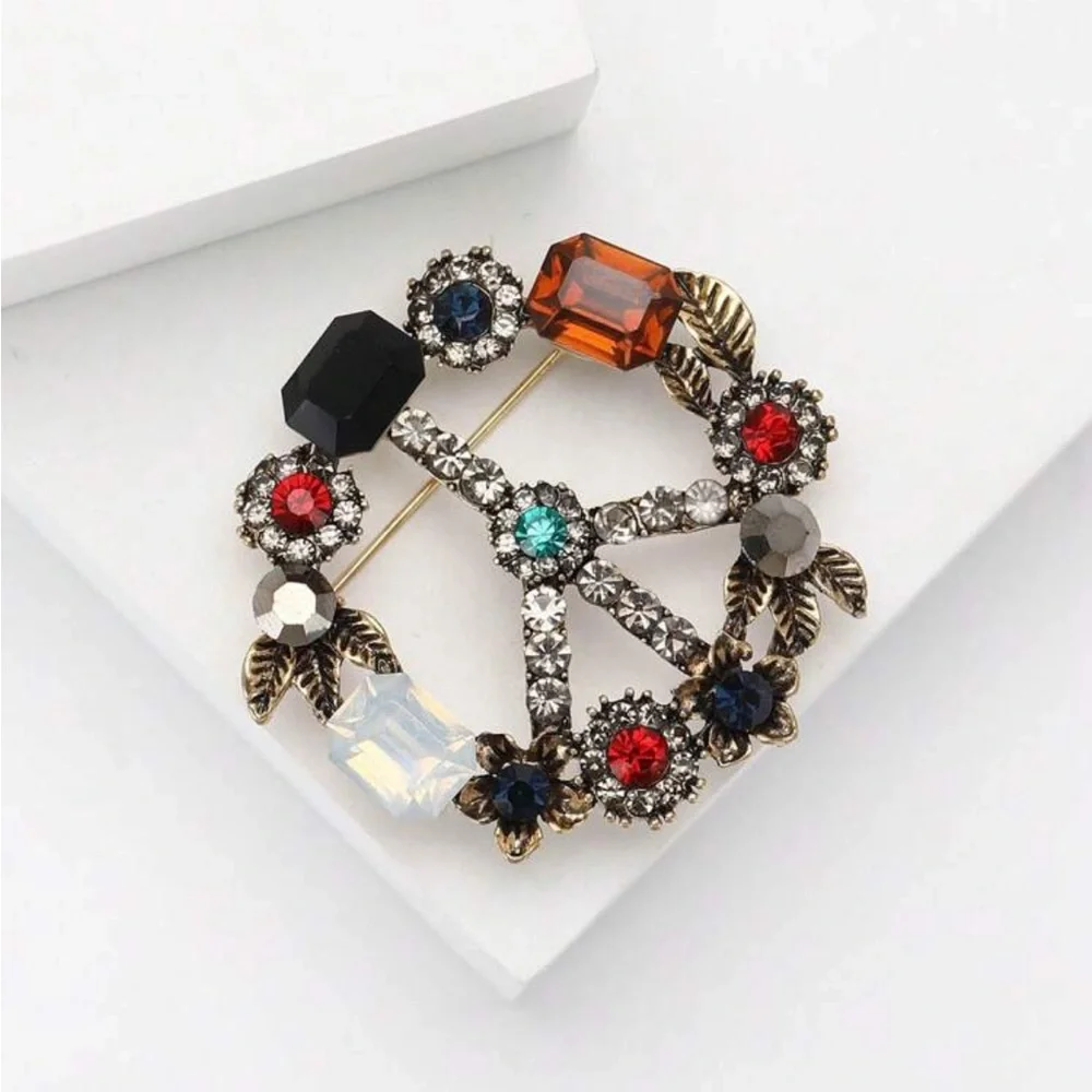 Floral Crystal Peace Sign Brooch - Picture 4 of 6